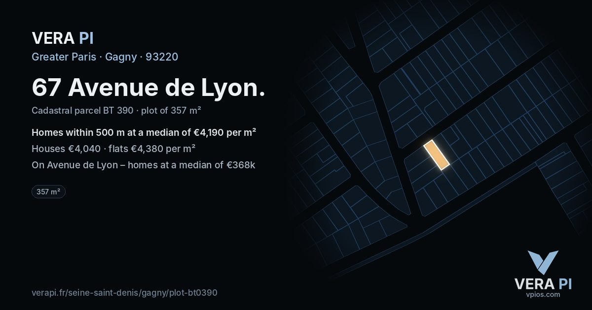 67 Avenue de Lyon, Gagny at night – the plot lit, the parcels around coloured by the prices near them