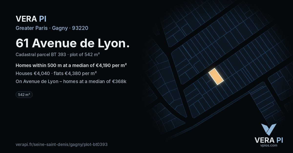 61 Avenue de Lyon, Gagny at night – the plot lit, the parcels around coloured by the prices near them