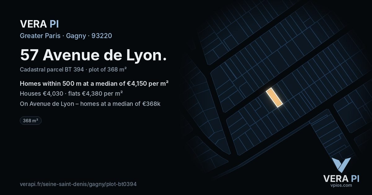 57 Avenue de Lyon, Gagny at night – the plot lit, the parcels around coloured by the prices near them