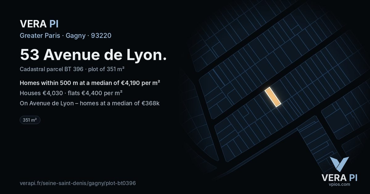 53 Avenue de Lyon, Gagny at night – the plot lit, the parcels around coloured by the prices near them