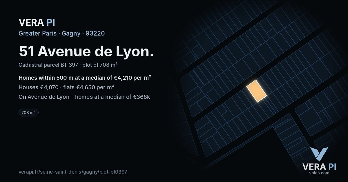 51 Avenue de Lyon, Gagny at night – the plot lit, the parcels around coloured by the prices near them