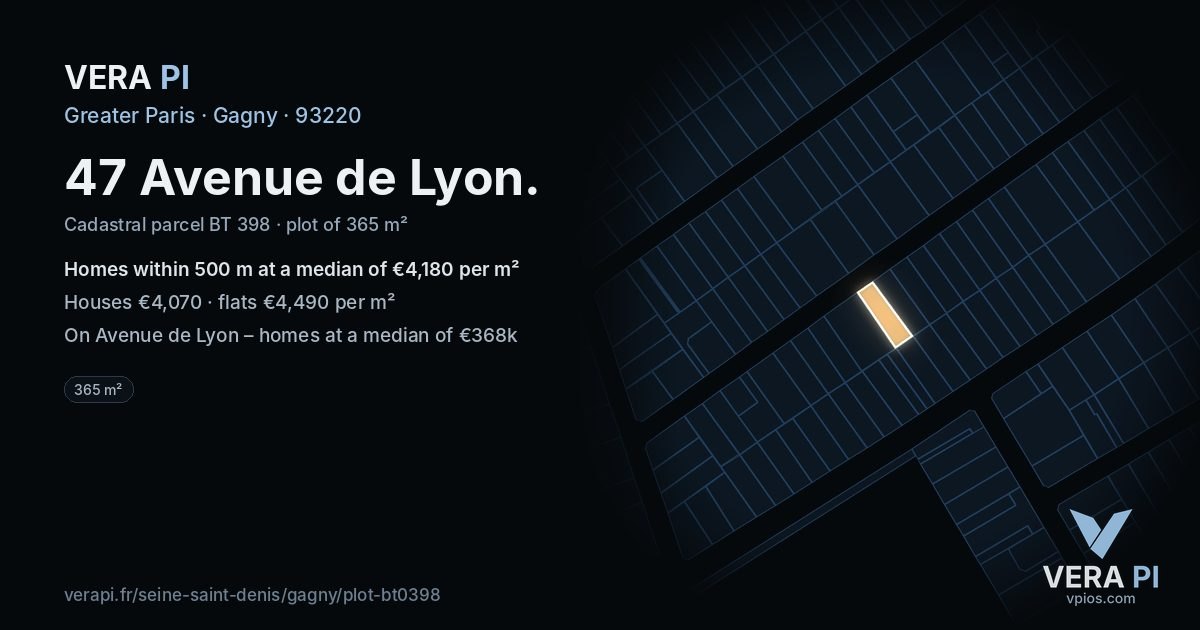 47 Avenue de Lyon, Gagny at night – the plot lit, the parcels around coloured by the prices near them