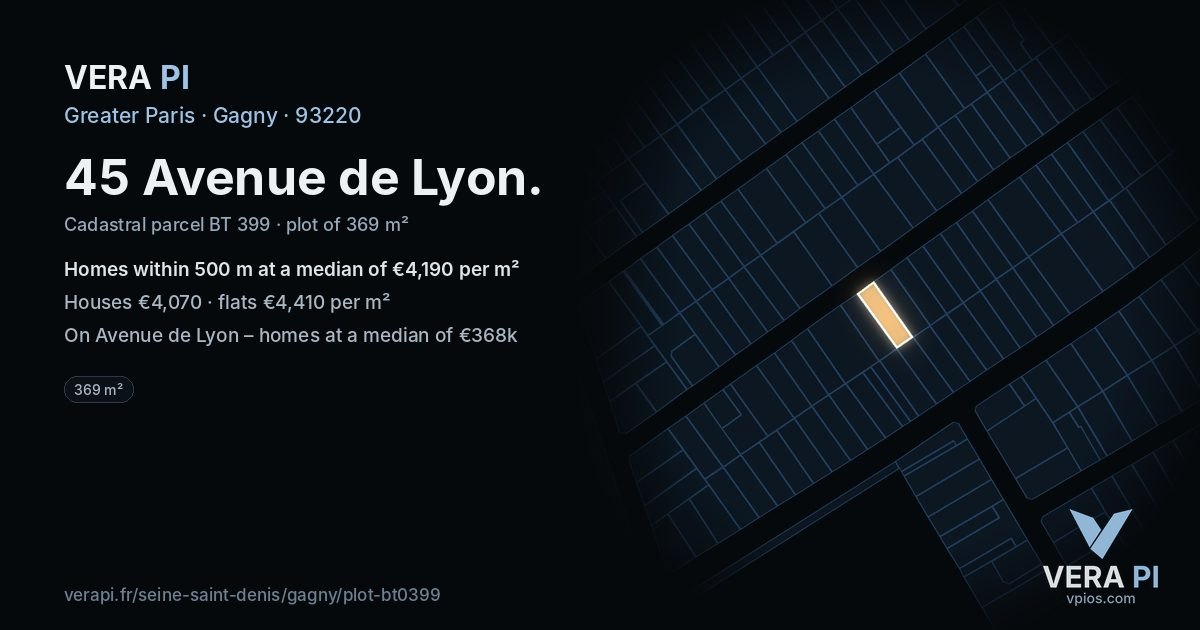 45 Avenue de Lyon, Gagny at night – the plot lit, the parcels around coloured by the prices near them
