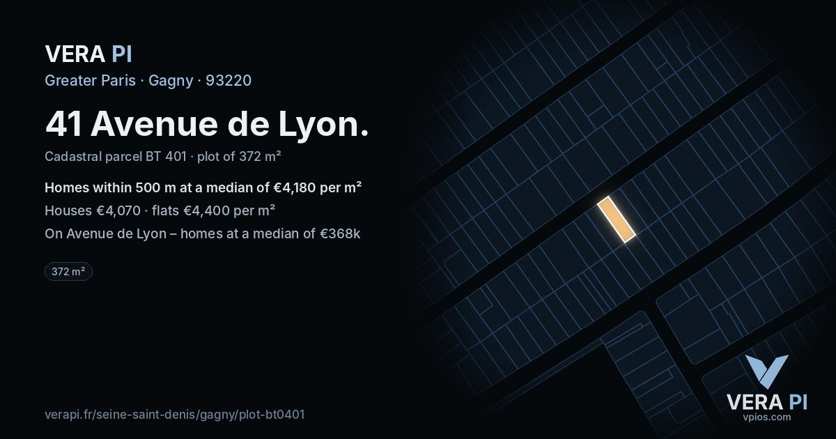 41 Avenue de Lyon, Gagny at night – the plot lit, the parcels around coloured by the prices near them