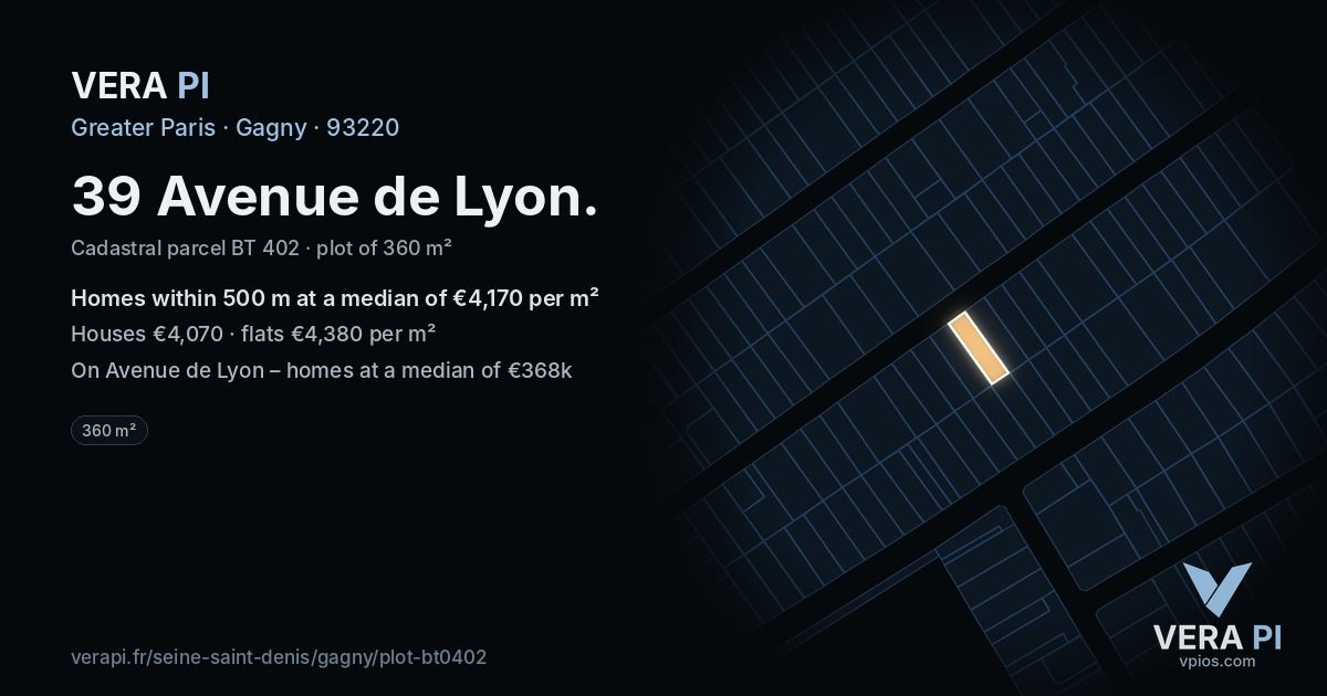 39 Avenue de Lyon, Gagny at night – the plot lit, the parcels around coloured by the prices near them