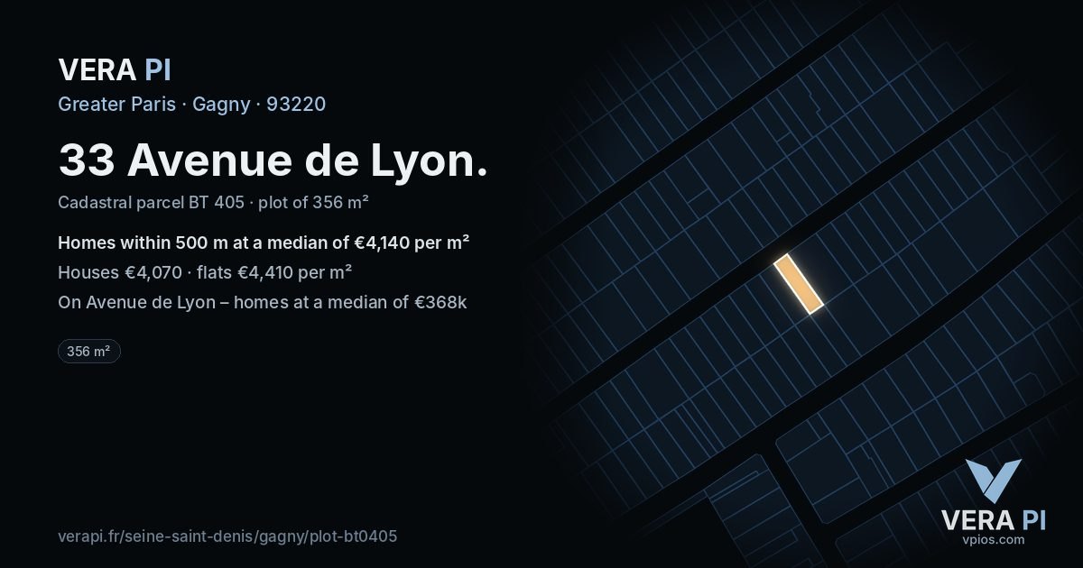 33 Avenue de Lyon, Gagny at night – the plot lit, the parcels around coloured by the prices near them