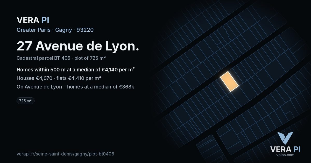 27 Avenue de Lyon, Gagny at night – the plot lit, the parcels around coloured by the prices near them