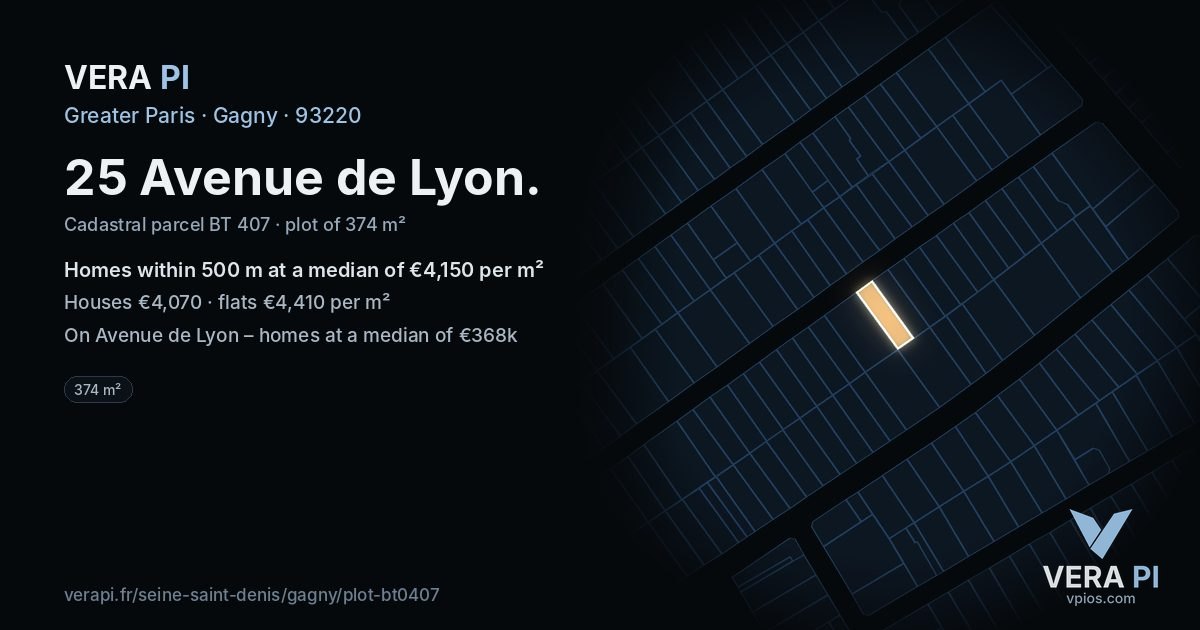 25 Avenue de Lyon, Gagny at night – the plot lit, the parcels around coloured by the prices near them