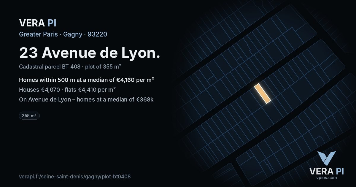23 Avenue de Lyon, Gagny at night – the plot lit, the parcels around coloured by the prices near them