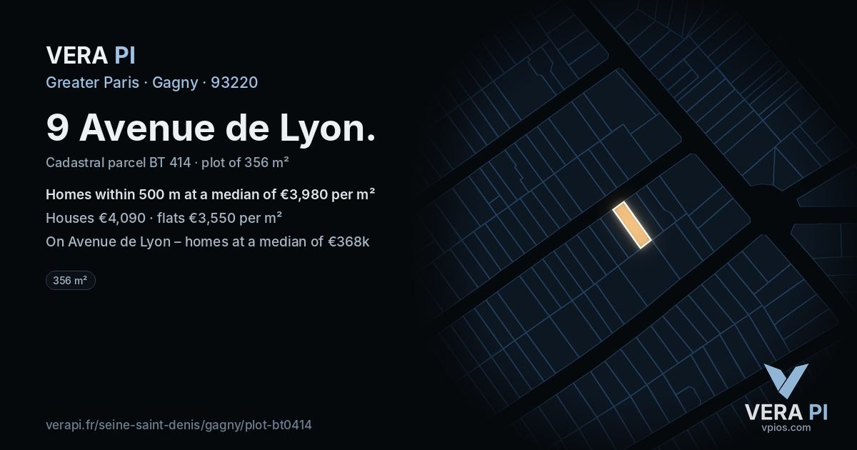 9 Avenue de Lyon, Gagny at night – the plot lit, the parcels around coloured by the prices near them