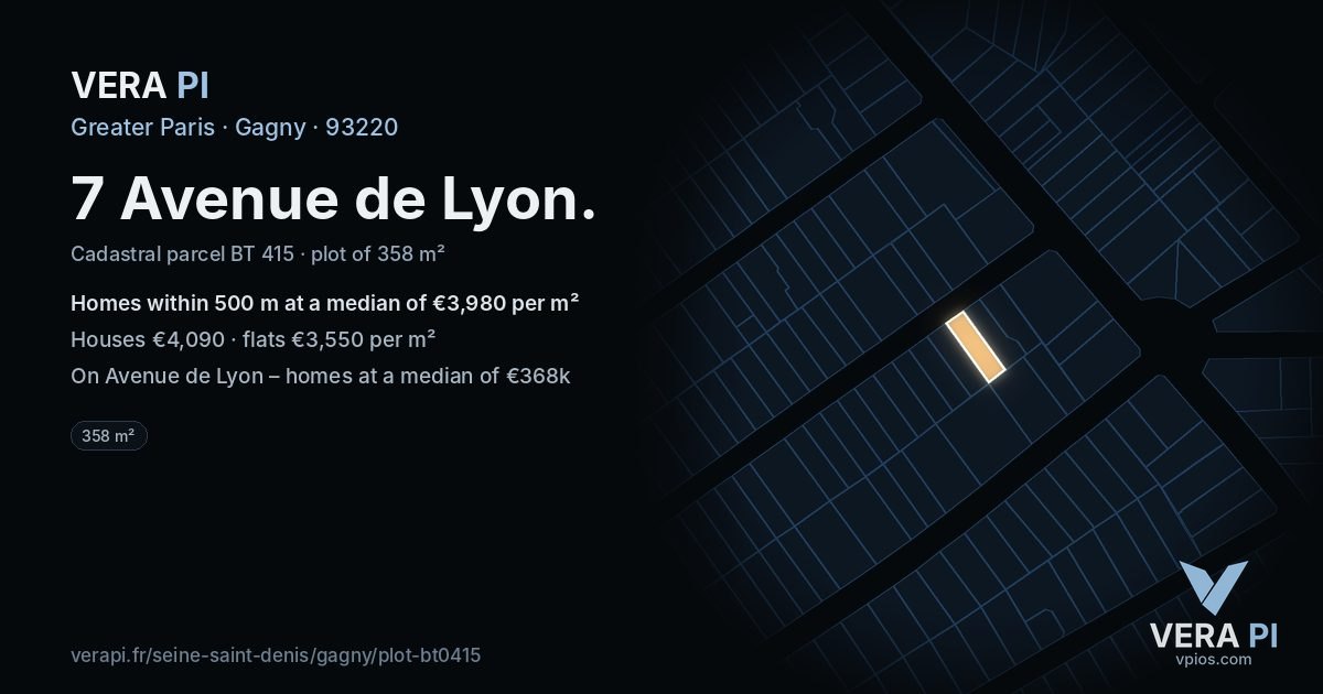7 Avenue de Lyon, Gagny at night – the plot lit, the parcels around coloured by the prices near them
