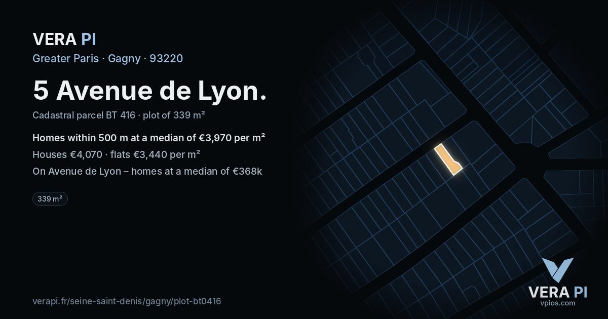 5 Avenue de Lyon, Gagny at night – the plot lit, the parcels around coloured by the prices near them