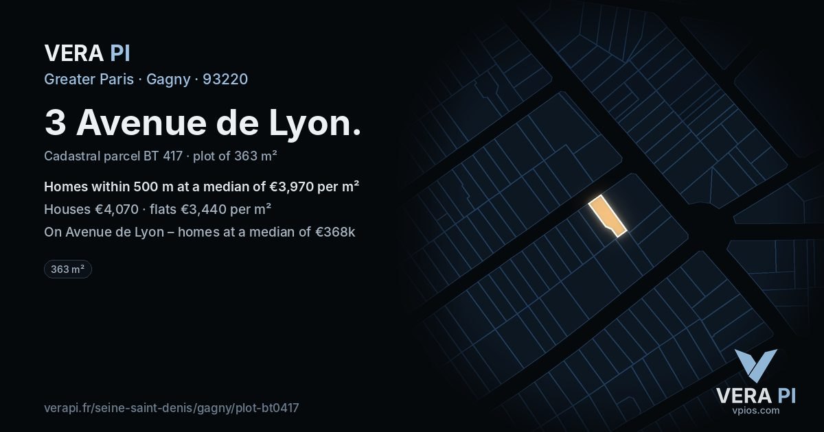 3 Avenue de Lyon, Gagny at night – the plot lit, the parcels around coloured by the prices near them