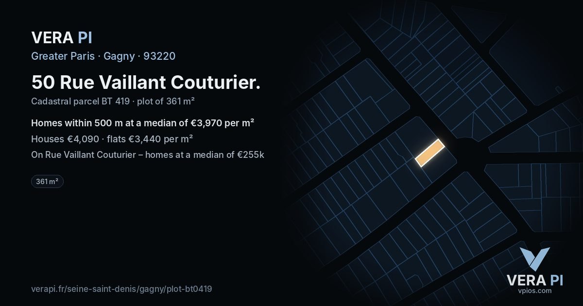 50 Rue Vaillant Couturier, Gagny at night – the plot lit, the parcels around coloured by the prices near them
