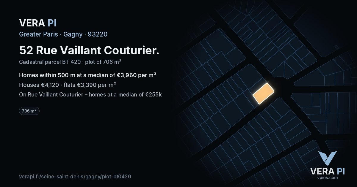 52 Rue Vaillant Couturier, Gagny at night – the plot lit, the parcels around coloured by the prices near them