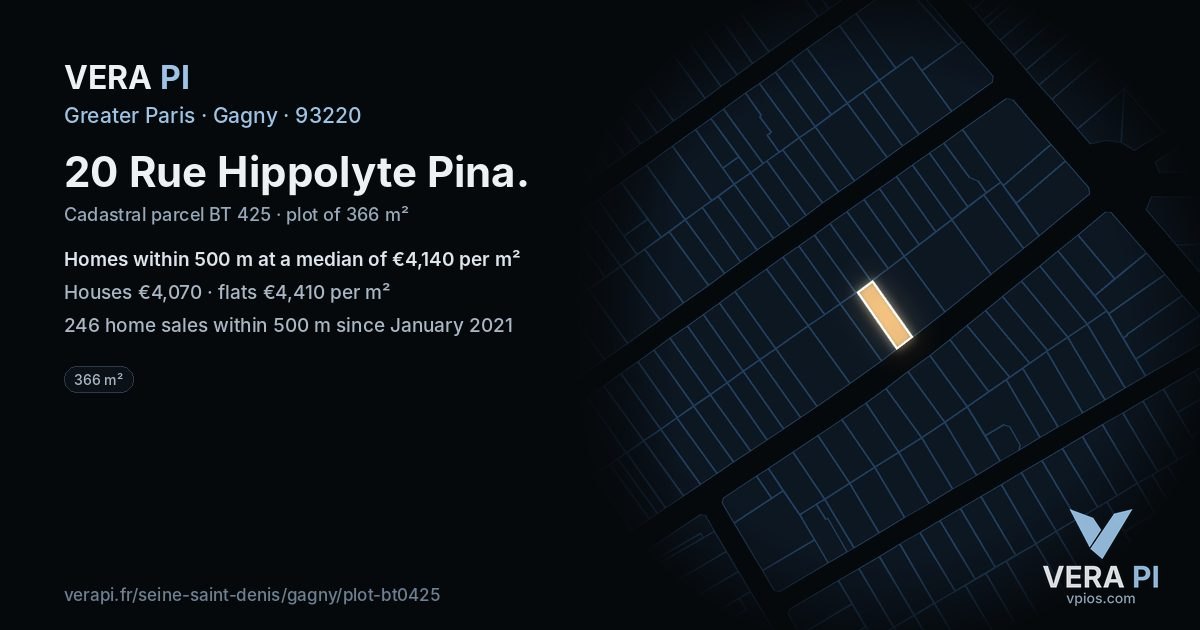 20 Rue Hippolyte Pina, Gagny at night – the plot lit, the parcels around coloured by the prices near them