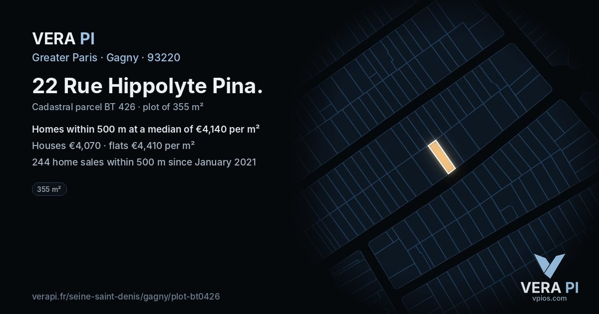 22 Rue Hippolyte Pina, Gagny at night – the plot lit, the parcels around coloured by the prices near them