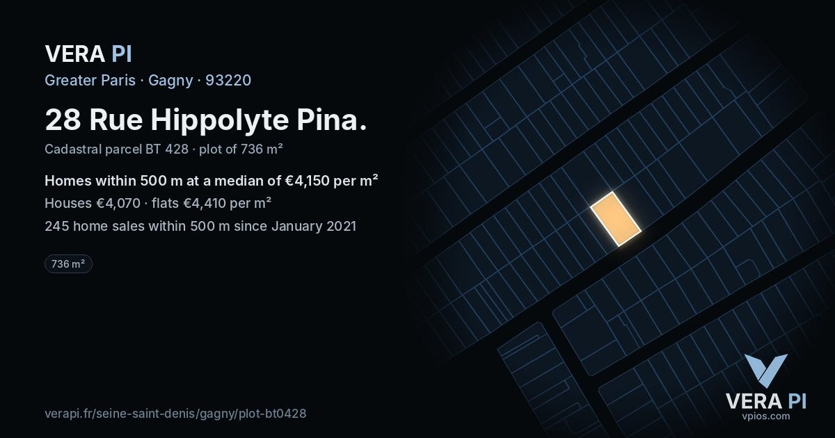 28 Rue Hippolyte Pina, Gagny at night – the plot lit, the parcels around coloured by the prices near them