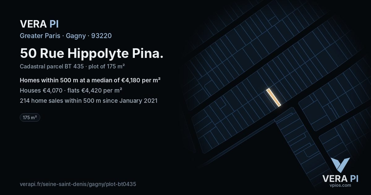 50 Rue Hippolyte Pina, Gagny at night – the plot lit, the parcels around coloured by the prices near them