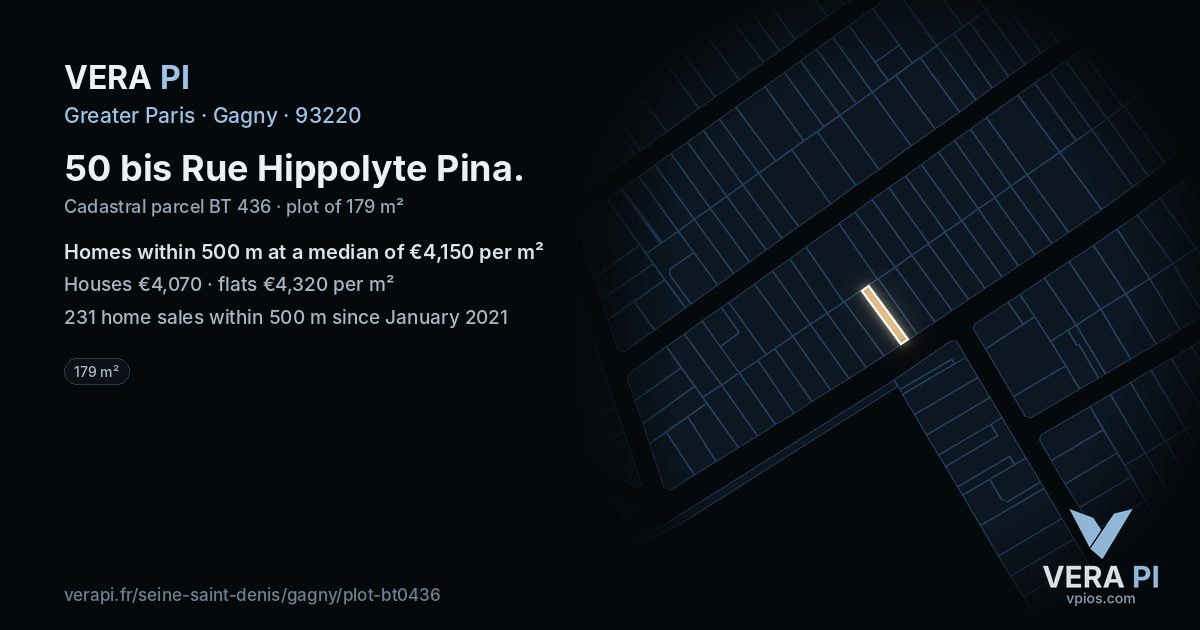 50 bis Rue Hippolyte Pina, Gagny at night – the plot lit, the parcels around coloured by the prices near them
