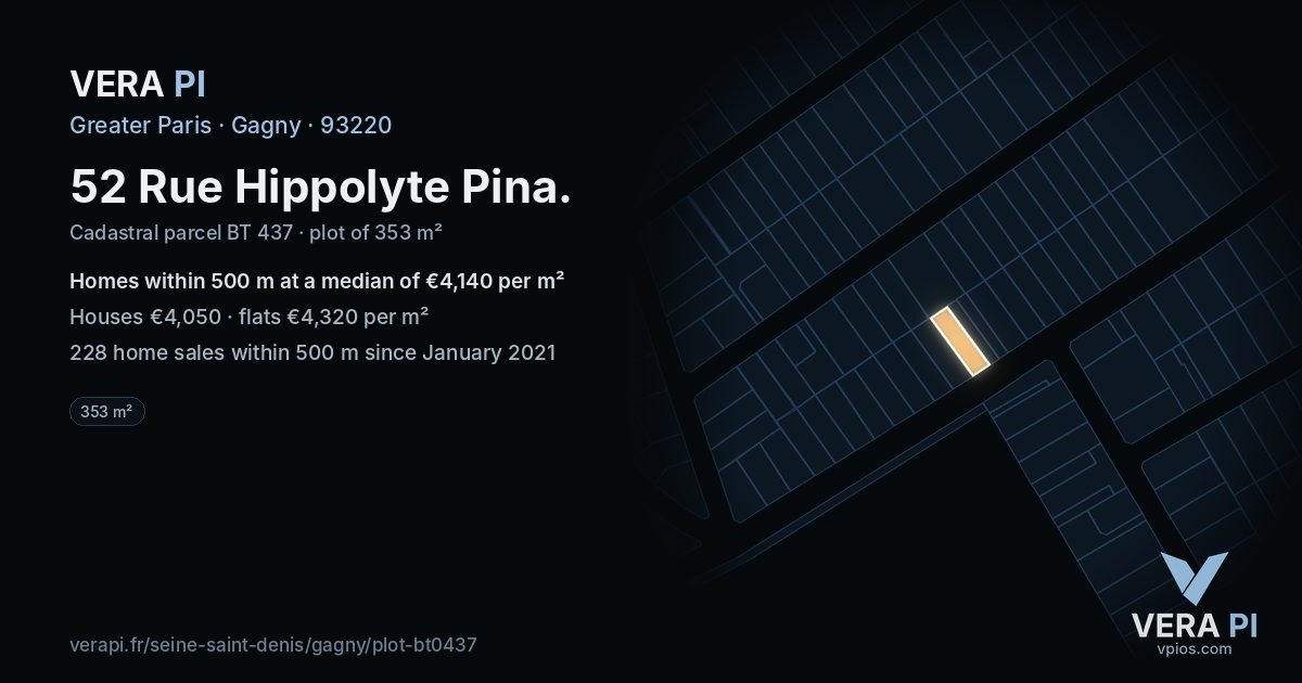 52 Rue Hippolyte Pina, Gagny at night – the plot lit, the parcels around coloured by the prices near them