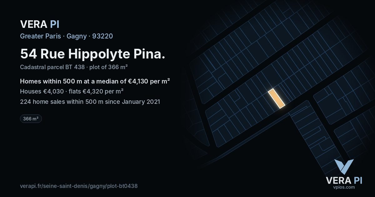 54 Rue Hippolyte Pina, Gagny at night – the plot lit, the parcels around coloured by the prices near them