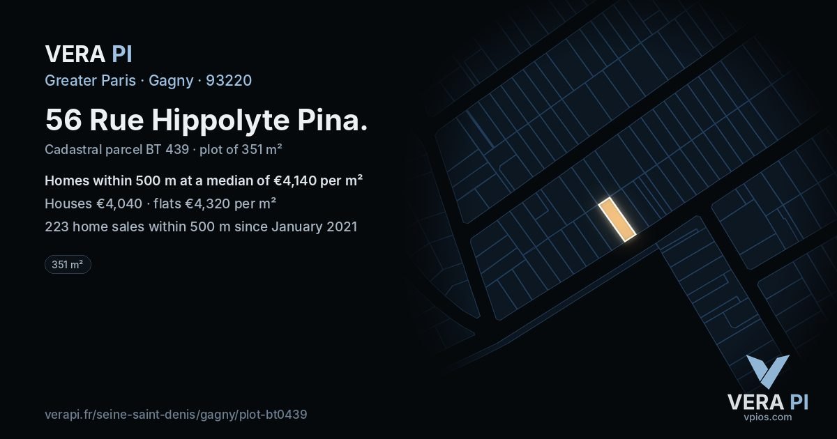 56 Rue Hippolyte Pina, Gagny at night – the plot lit, the parcels around coloured by the prices near them