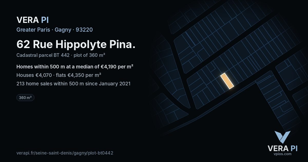 62 Rue Hippolyte Pina, Gagny at night – the plot lit, the parcels around coloured by the prices near them
