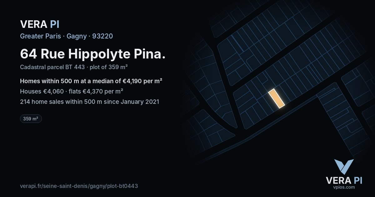 64 Rue Hippolyte Pina, Gagny at night – the plot lit, the parcels around coloured by the prices near them