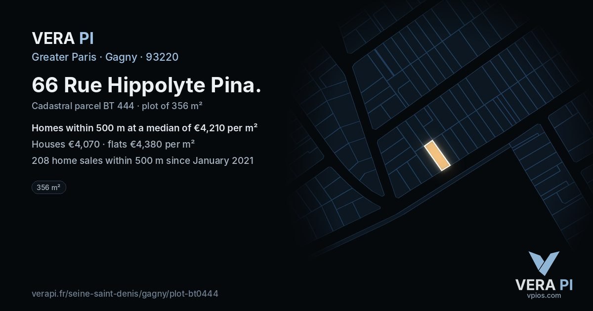 66 Rue Hippolyte Pina, Gagny at night – the plot lit, the parcels around coloured by the prices near them