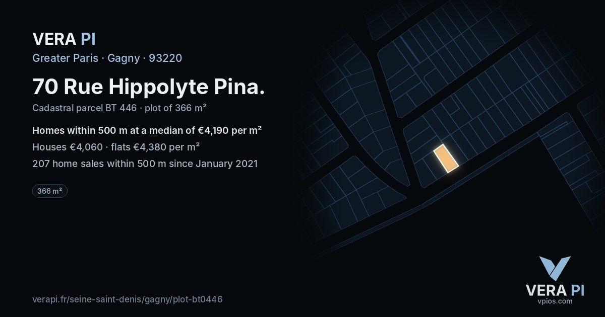 70 Rue Hippolyte Pina, Gagny at night – the plot lit, the parcels around coloured by the prices near them