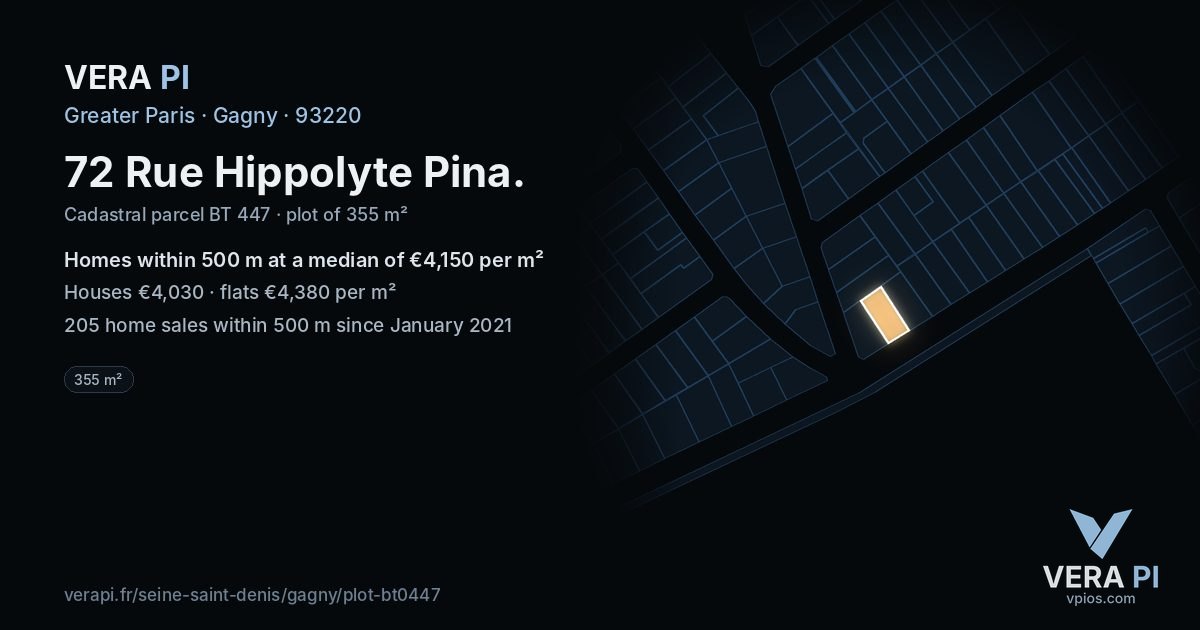 72 Rue Hippolyte Pina, Gagny at night – the plot lit, the parcels around coloured by the prices near them