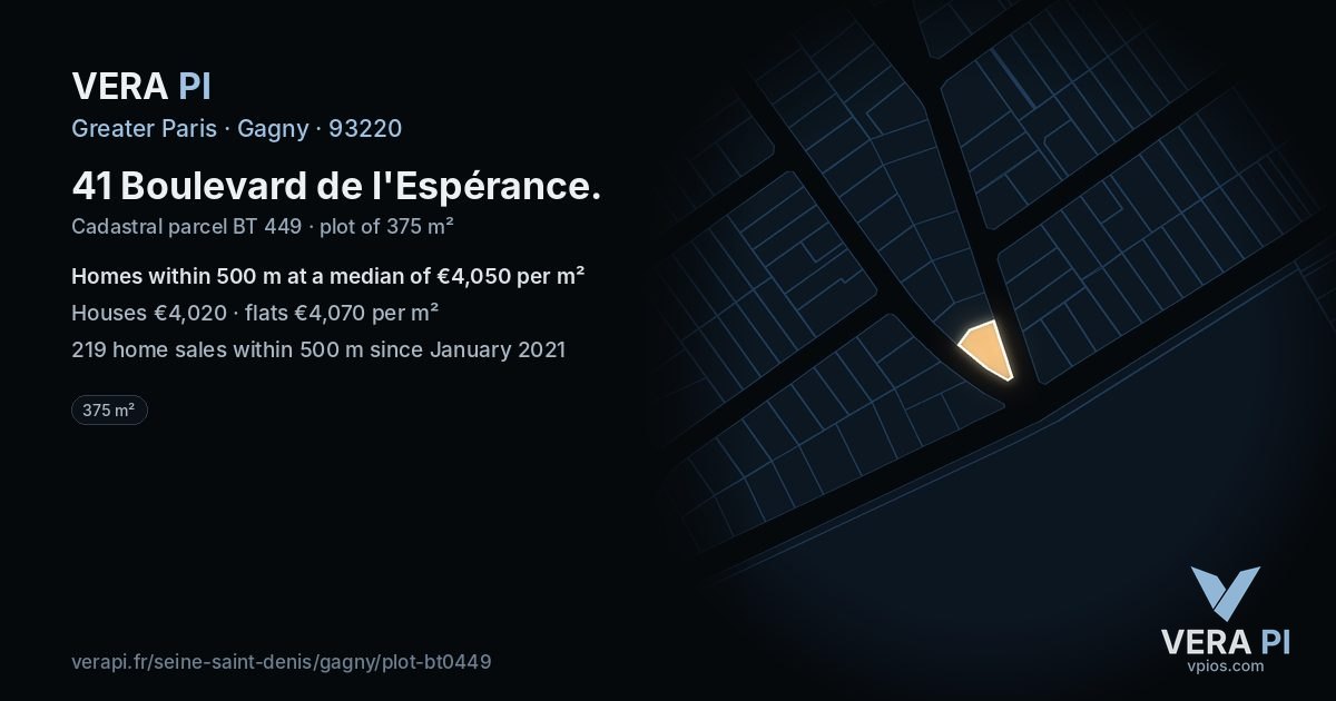 41 Boulevard de l'Espérance, Gagny at night – the plot lit, the parcels around coloured by the prices near them