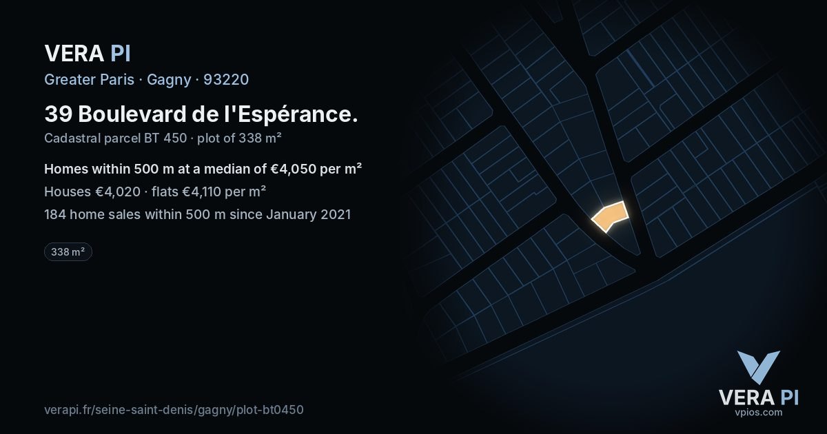 39 Boulevard de l'Espérance, Gagny at night – the plot lit, the parcels around coloured by the prices near them