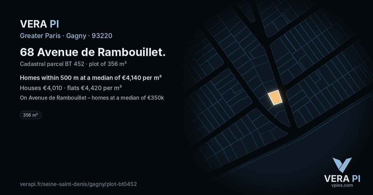 68 Avenue de Rambouillet, Gagny at night – the plot lit, the parcels around coloured by the prices near them