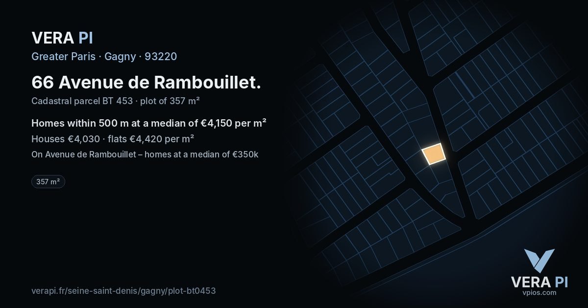 66 Avenue de Rambouillet, Gagny at night – the plot lit, the parcels around coloured by the prices near them
