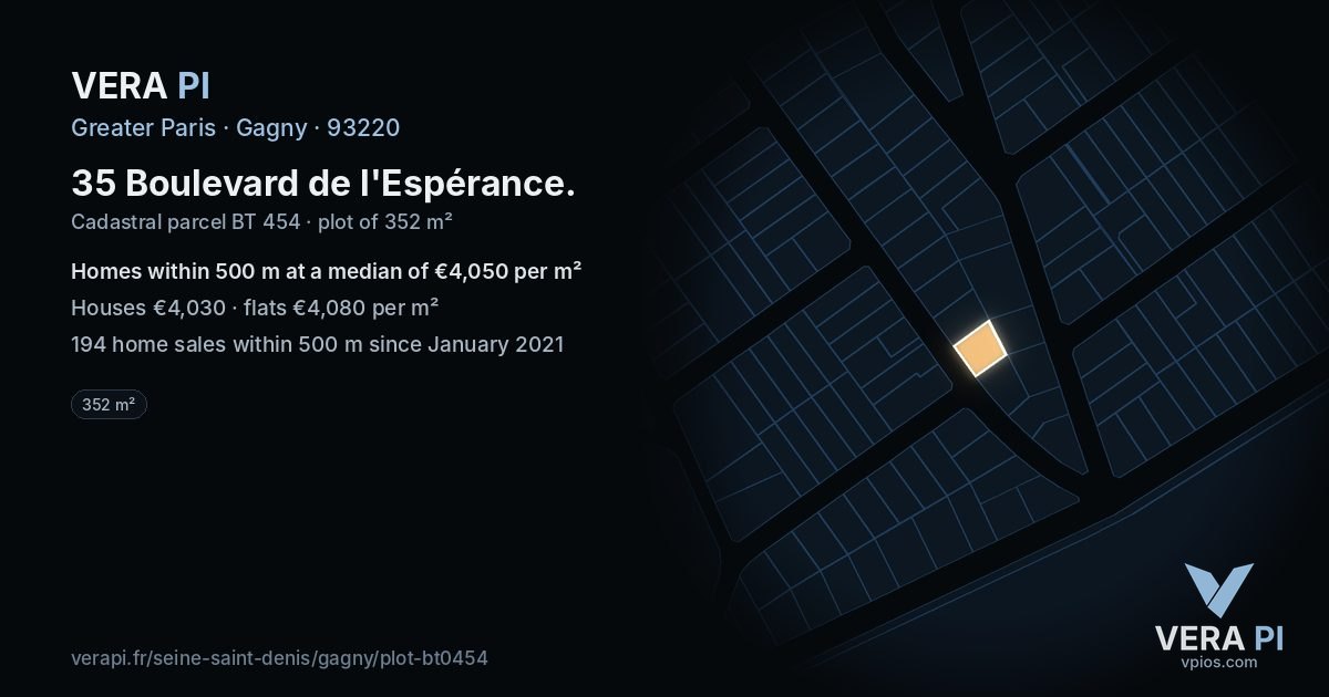 35 Boulevard de l'Espérance, Gagny at night – the plot lit, the parcels around coloured by the prices near them