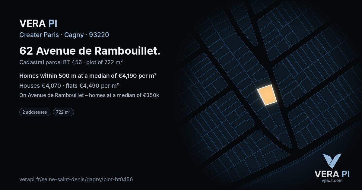 62 Avenue de Rambouillet, Gagny at night – the plot lit, the parcels around coloured by the prices near them