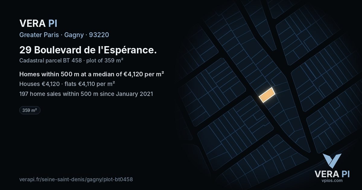 29 Boulevard de l'Espérance, Gagny at night – the plot lit, the parcels around coloured by the prices near them