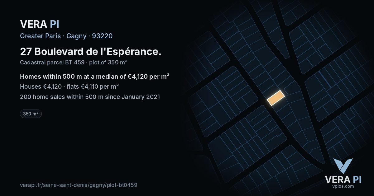27 Boulevard de l'Espérance, Gagny at night – the plot lit, the parcels around coloured by the prices near them