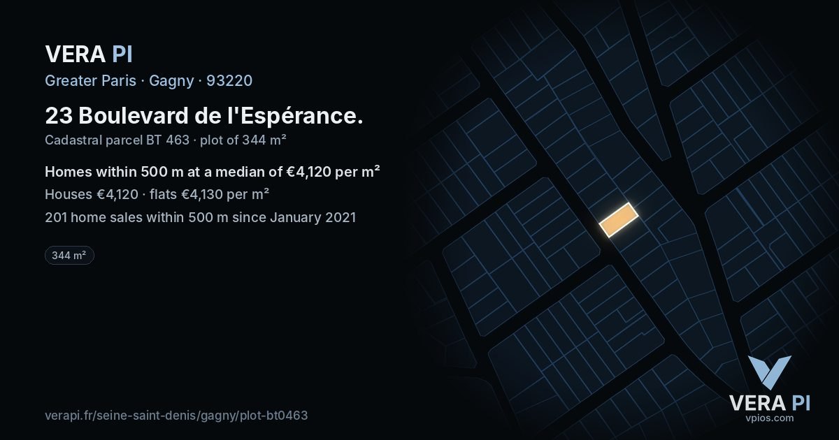 23 Boulevard de l'Espérance, Gagny at night – the plot lit, the parcels around coloured by the prices near them