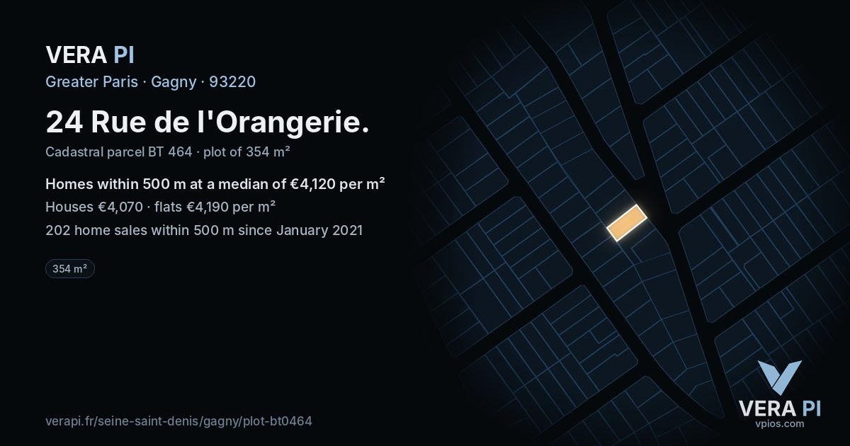 24 Rue de l'Orangerie, Gagny at night – the plot lit, the parcels around coloured by the prices near them