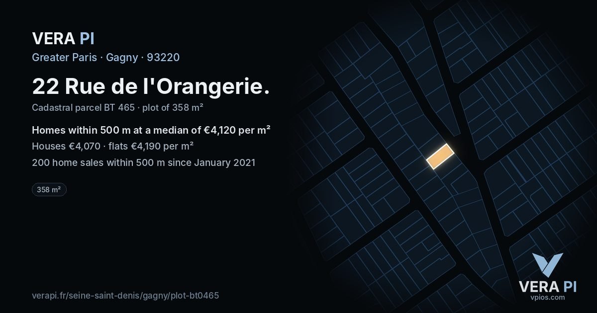 22 Rue de l'Orangerie, Gagny at night – the plot lit, the parcels around coloured by the prices near them