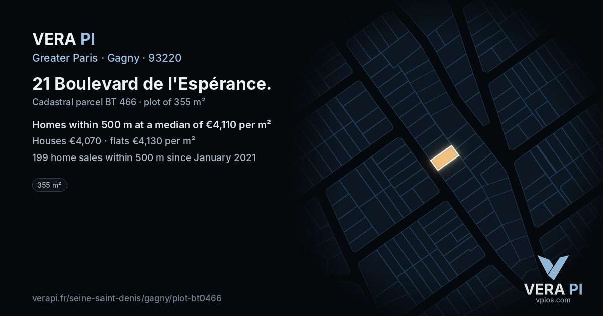 21 Boulevard de l'Espérance, Gagny at night – the plot lit, the parcels around coloured by the prices near them
