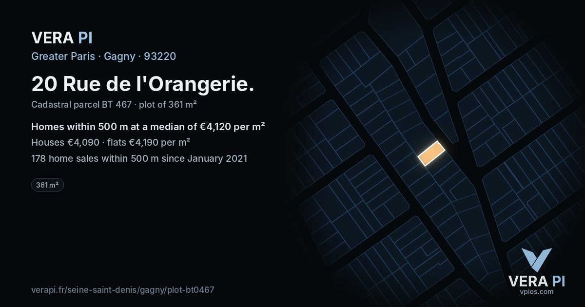 20 Rue de l'Orangerie, Gagny at night – the plot lit, the parcels around coloured by the prices near them