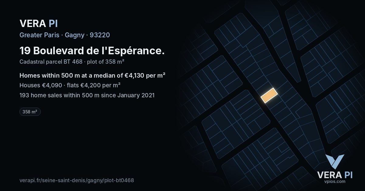 19 Boulevard de l'Espérance, Gagny at night – the plot lit, the parcels around coloured by the prices near them