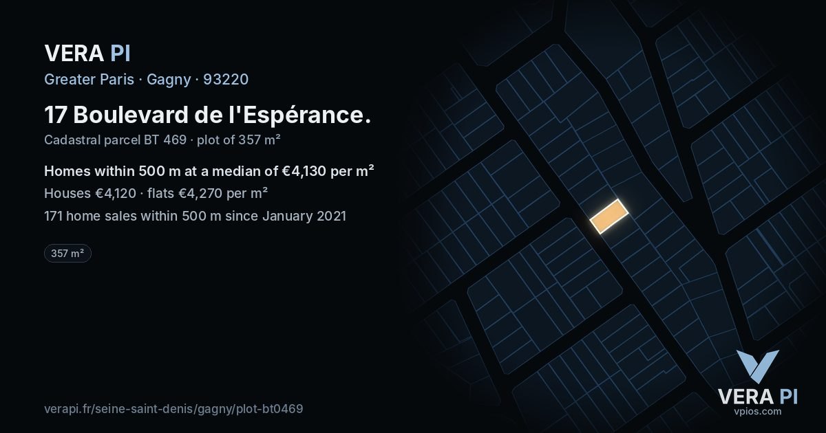 17 Boulevard de l'Espérance, Gagny at night – the plot lit, the parcels around coloured by the prices near them