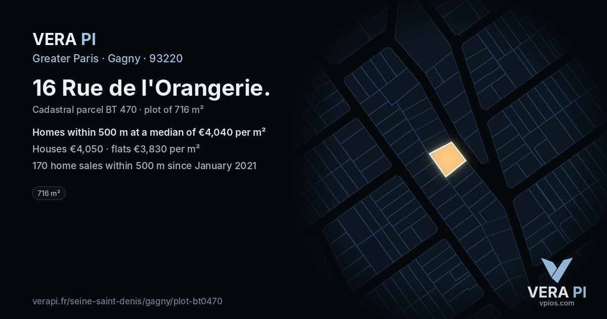 16 Rue de l'Orangerie, Gagny at night – the plot lit, the parcels around coloured by the prices near them