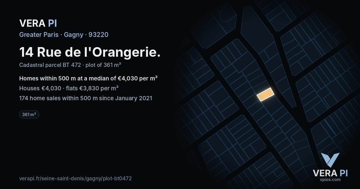 14 Rue de l'Orangerie, Gagny at night – the plot lit, the parcels around coloured by the prices near them