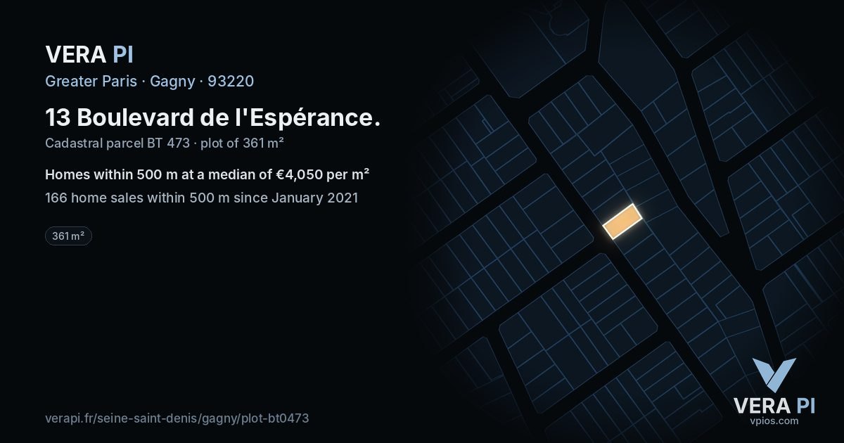 13 Boulevard de l'Espérance, Gagny at night – the plot lit, the parcels around coloured by the prices near them